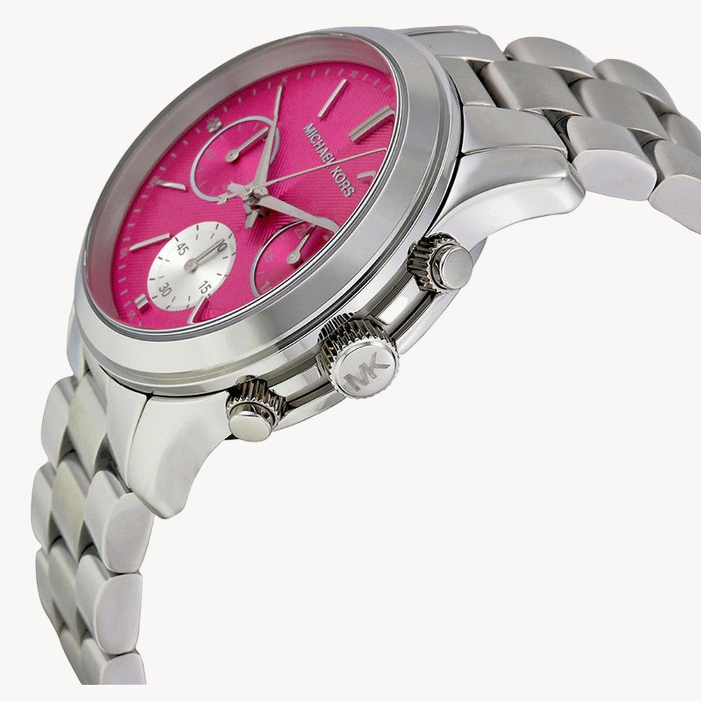 ساعة مايكل كورس MK6160 رنواي كرونوغراف بمينا وردية وسوار فضي من الفولاذ للنساء