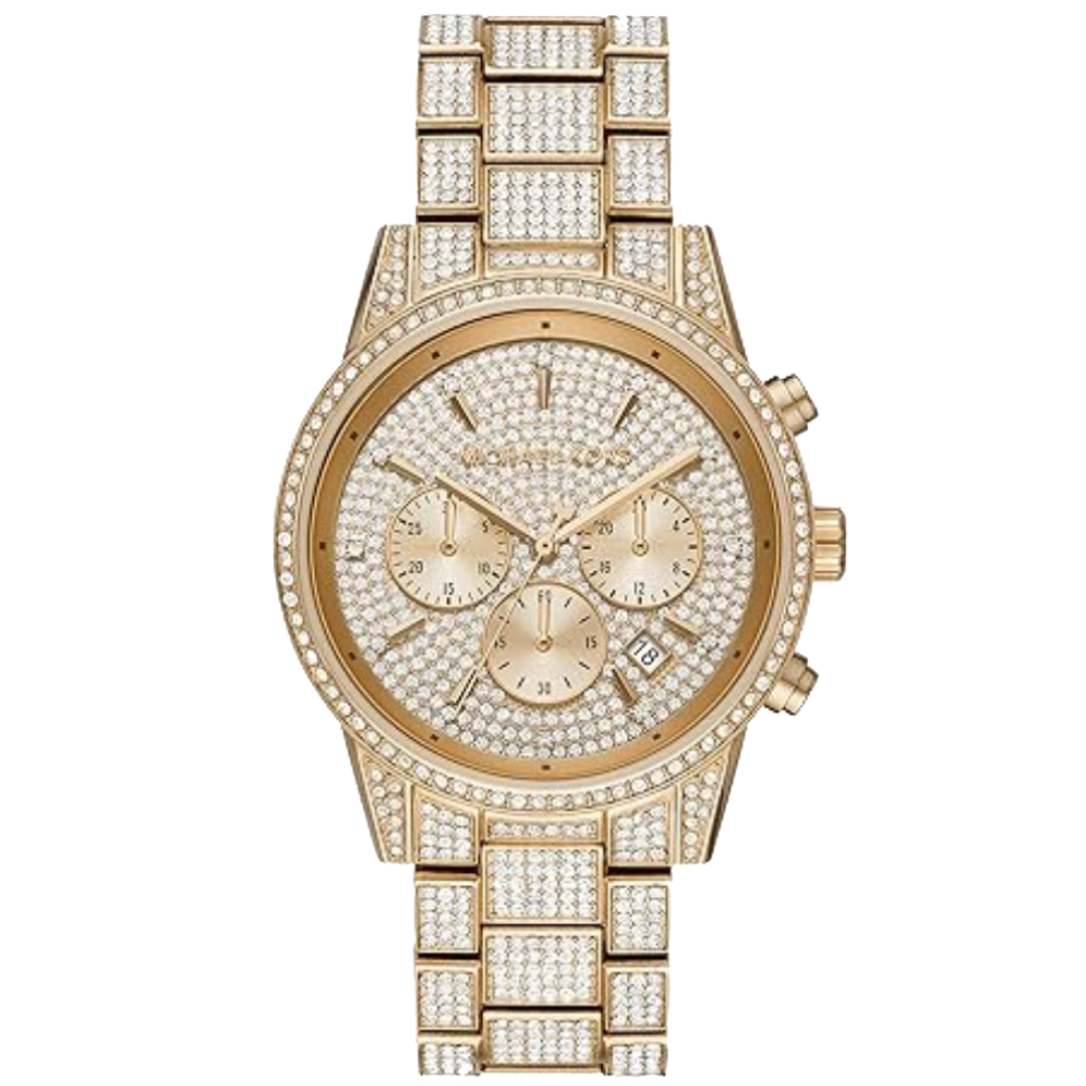 ساعة مايكل كورس MK6747 ريتز بثلاثة عقارب ومينا ذهبية وسوار من الفولاذ الذهبي للنساء