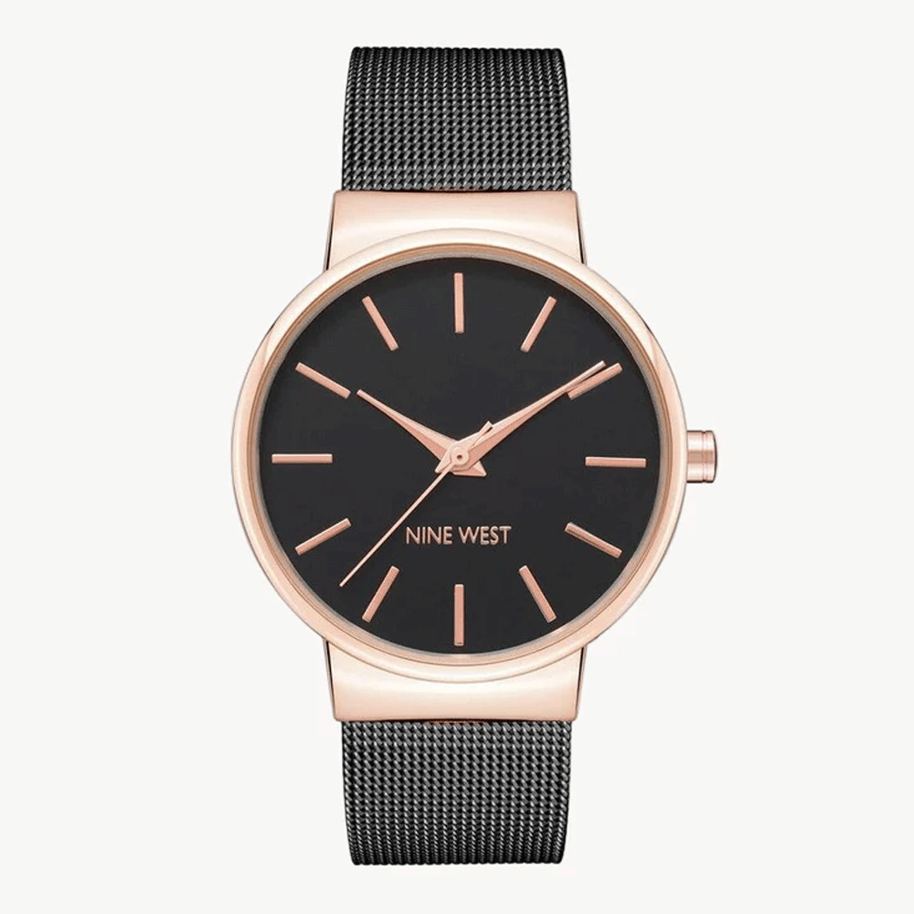 ساعة ناين ويست النسائية الرسمية - هيكل من الذهب الوردي مقاس 34 مم، سوار شبكي أسود (NW/2477BKRT)
