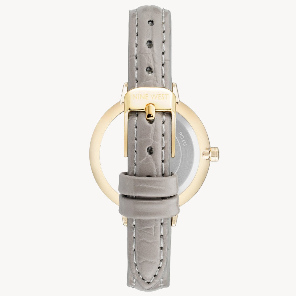 ساعة ناين ويست النسائية الرسمية - هيكل ذهبي مقاس 34 مم، حزام جلدي رمادي (NW/2554GYGY)