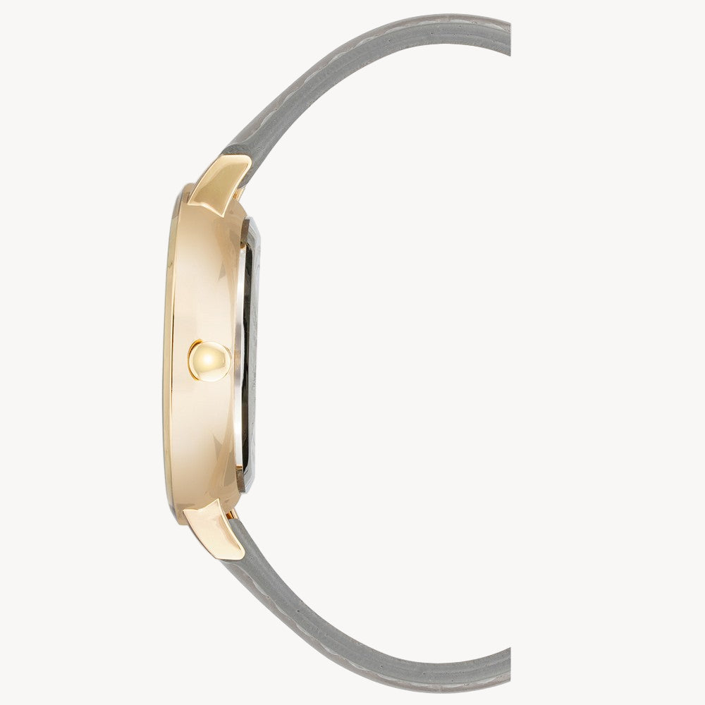 ساعة ناين ويست النسائية الرسمية - هيكل ذهبي مقاس 34 مم، حزام جلدي رمادي (NW/2554GYGY)