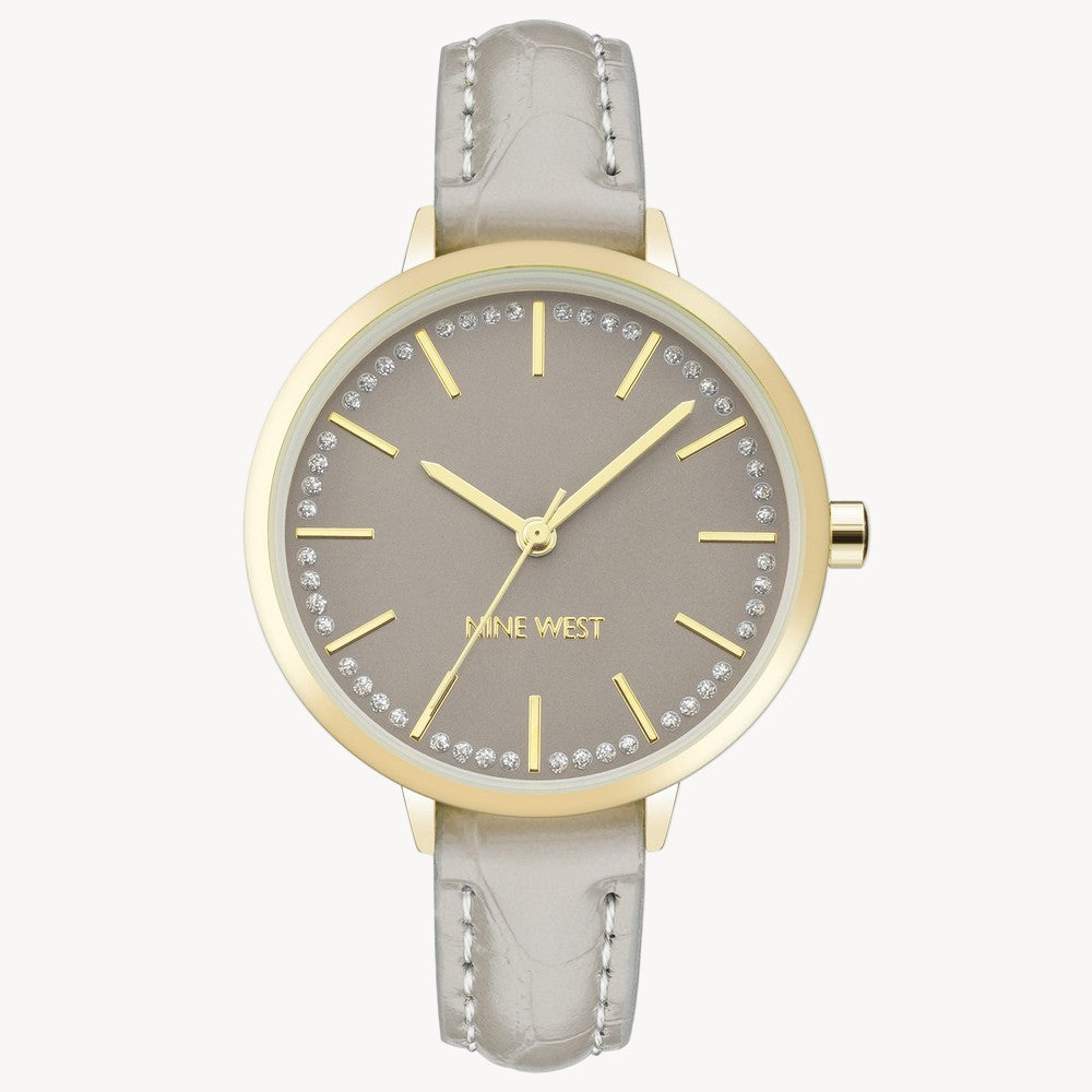 Nine West Women’s Dress Watch – 34?mm Gold Case, Grey Leather Strap (NW/2554GYGY)