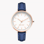 ساعة ناين ويست النسائية الرسمية - هيكل من الذهب الوردي، قطر 34 مم، وسوار من الجلد الأزرق (NW/2554RGNV)