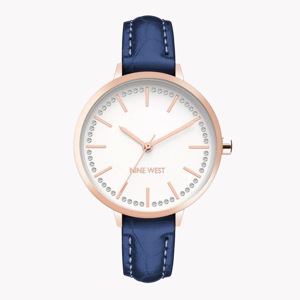 ساعة ناين ويست النسائية الرسمية - هيكل من الذهب الوردي، قطر 34 مم، وسوار من الجلد الأزرق (NW/2554RGNV)