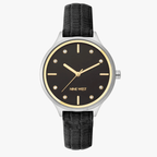 ساعة ناين ويست النسائية الرسمية - هيكل رمادي اللون، مقاس 34 مم، حزام جلدي أسود (NW/2557BKBK)