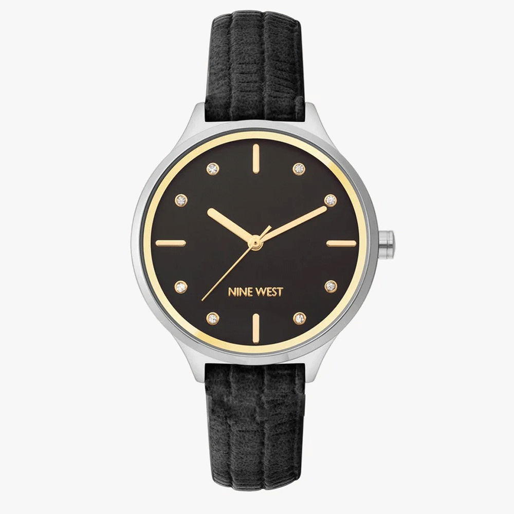 ساعة ناين ويست النسائية الرسمية - هيكل رمادي اللون، مقاس 34 مم، حزام جلدي أسود (NW/2557BKBK)