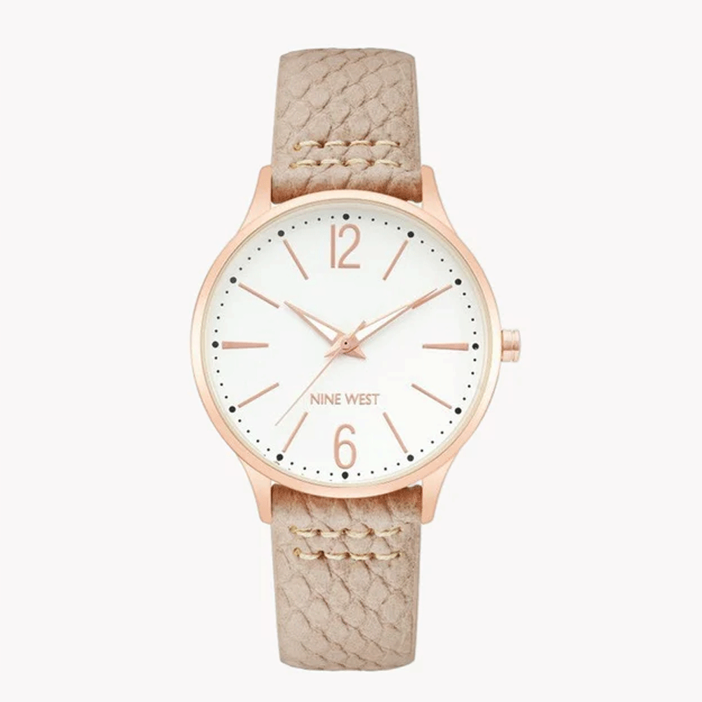 ساعة ناين ويست النسائية الرسمية - [التحقق من حجم العلبة]، ميناء بيج، حزام بيج (NW/2560RGTN)