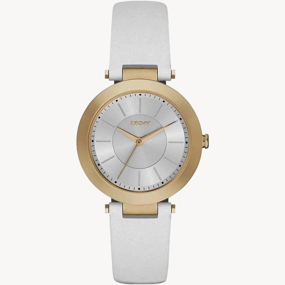 ساعة كوارتز نسائية من دكني NY2295 بمينا أبيض وشاشة أنالوج وسوار من الفولاذ المقاوم للصدأ باللون الأبيض