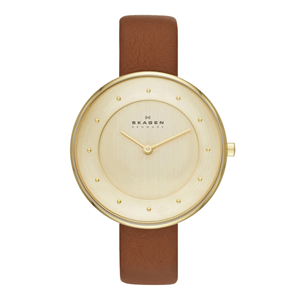 ساعة سكاجين SKW2138 جيتي كوارتز بسوار من الجلد البني ومينا ذهبية للسيدات