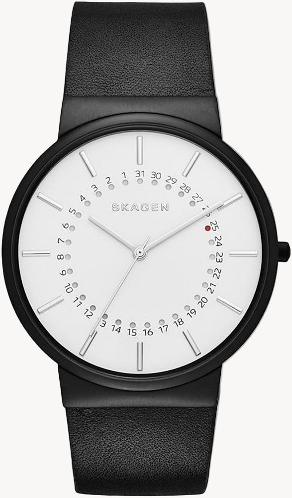 Skagen Men's Quartz Watch with White Dial Analogue Display and Black Leather Bracelet SKW6243