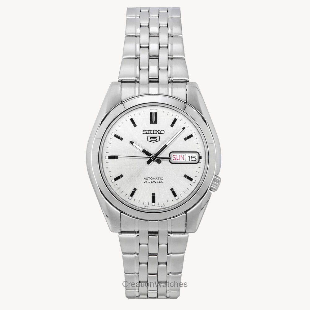 ساعة سيكو 5 SNK355K1 أوتوماتيكية للرجال بمينا فضي وفولاذ مقاوم للصدأ