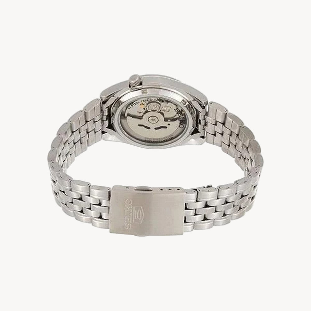 ساعة سيكو 5 SNK355K1 أوتوماتيكية للرجال بمينا فضي وفولاذ مقاوم للصدأ