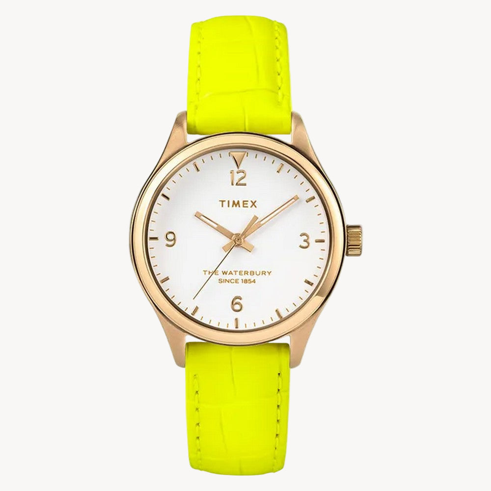 ساعة تايم إكس TW2R95700 واتربري نيون للسيدات بمينا أبيض وسوار جلدي نيون