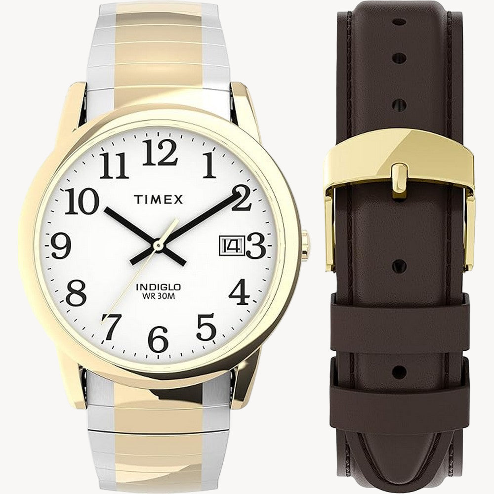 TimeX TWG025500, Easy Reader, Men's, Expansion & Leather Straps, Indiglo, Date