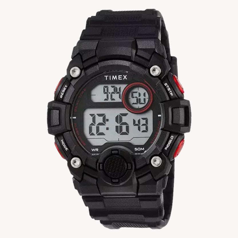 ساعة TimeX TW5M27600 للرجال DGTL A-Game بسوار راتنج 50 مم، أحمر/أسود، سوار، أحمر/أسود، سوار