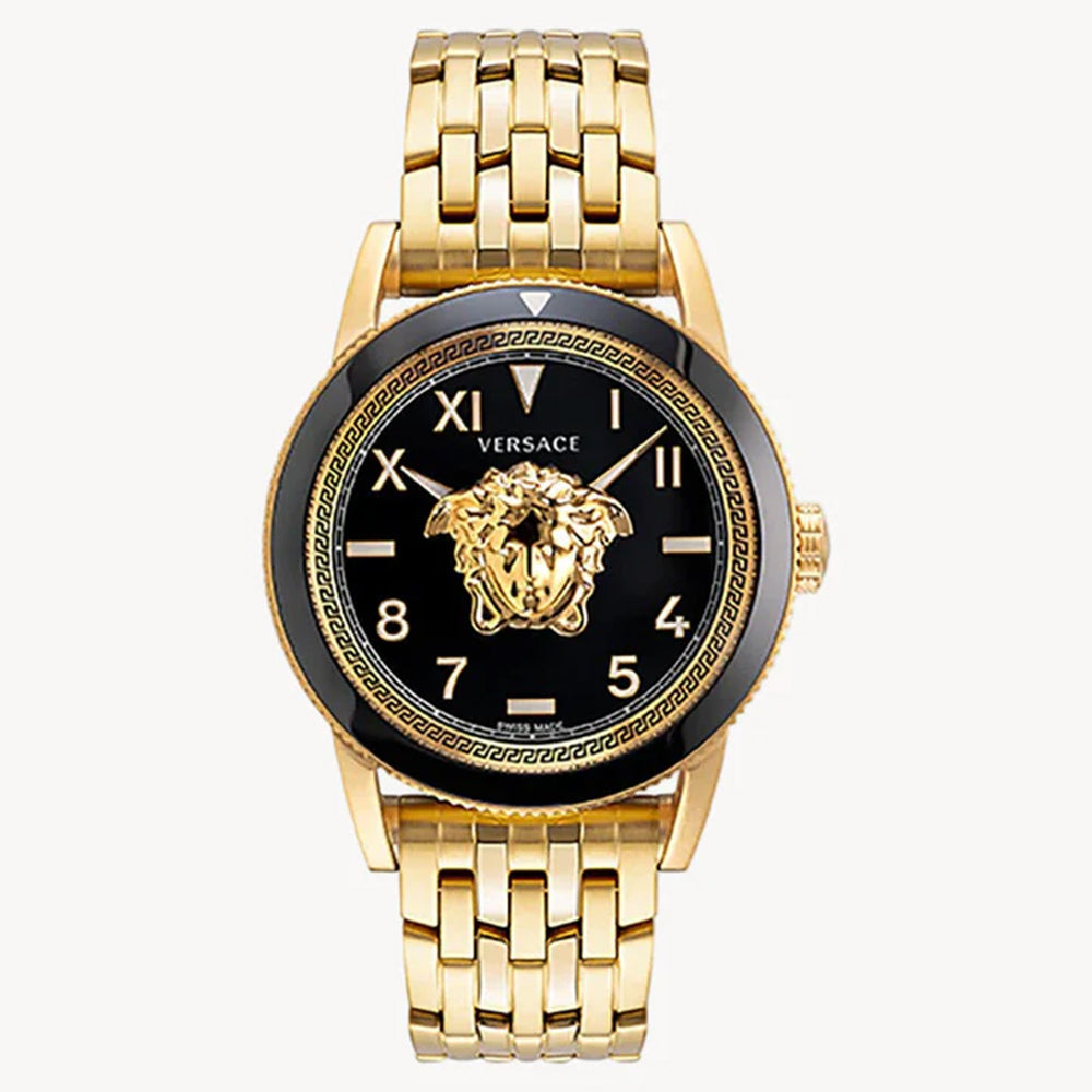 Versace V PALAZZO (43 مم) مينا سوداء / فولاذ مقاوم للصدأ مطلي بالذهب PVD