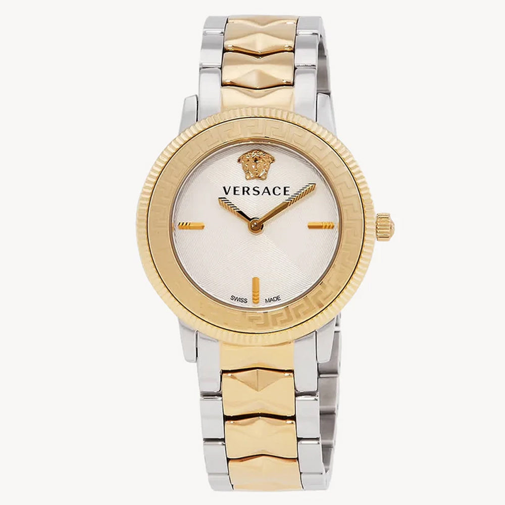 ساعة فيرساتشي VE2P00422 V Tribute ثنائية اللون من الفولاذ المقاوم للصدأ ومينا فضية للنساء