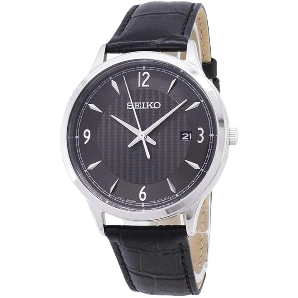 Seiko SGEH85P1 Black Dial Leather Strap Analog Quartz Men's Watch