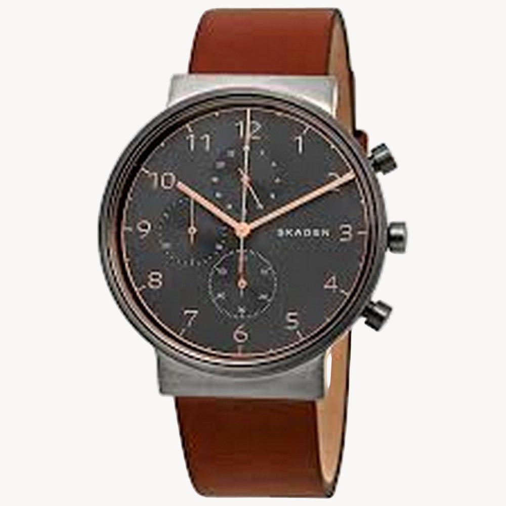 Men's Skagen Ancher Chronograph Brown Leather Strap Watch SKW6418